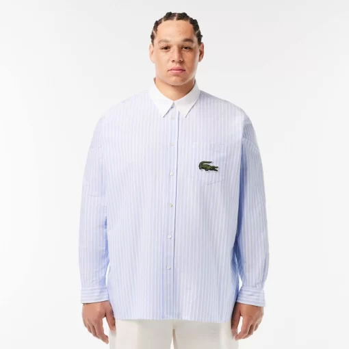 Lacoste Shirts & Tops-Striped Maxi Croc Contrast Collar Cotton Oxford Shirt