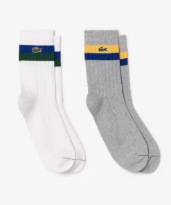 Lacoste Socks-Unisex High-Cut Striped Ribbed Cotton Socks Two-Pack