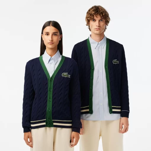 Lacoste Knitwear-Unisex V-Neck Cable Knit Organic Cotton Cardigan