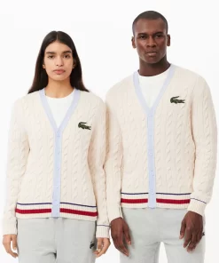 Lacoste Knitwear-Unisex V-Neck Cable Knit Organic Cotton Cardigan