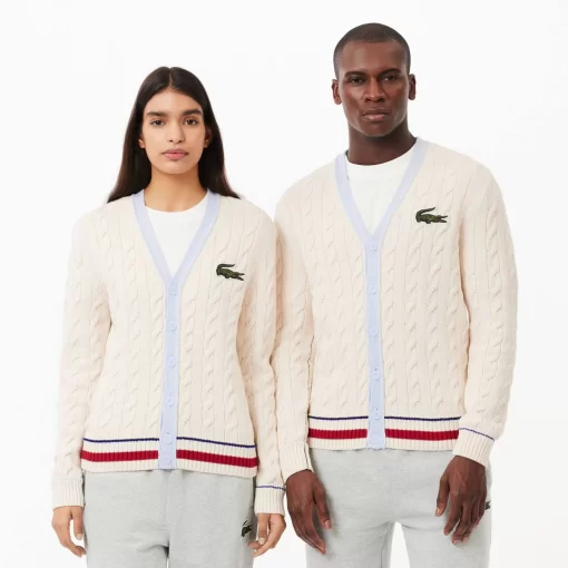 Lacoste Knitwear-Unisex V-Neck Cable Knit Organic Cotton Cardigan