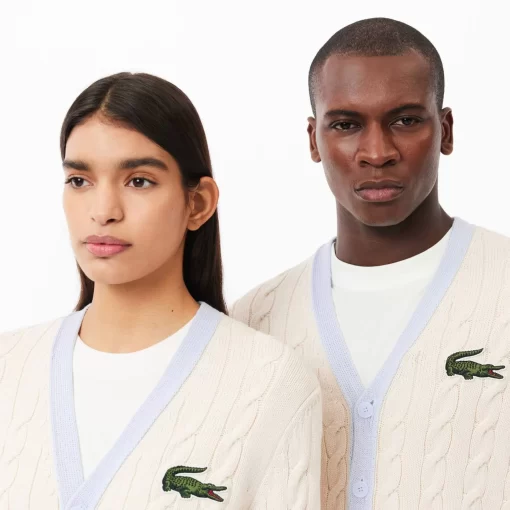 Lacoste Knitwear-Unisex V-Neck Cable Knit Organic Cotton Cardigan