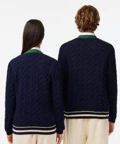 Lacoste Knitwear-Unisex V-Neck Cable Knit Organic Cotton Cardigan