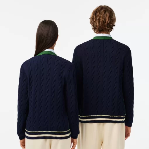 Lacoste Knitwear-Unisex V-Neck Cable Knit Organic Cotton Cardigan