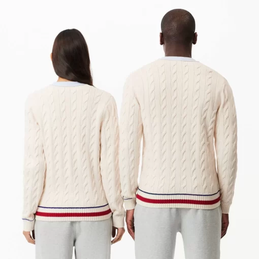 Lacoste Knitwear-Unisex V-Neck Cable Knit Organic Cotton Cardigan