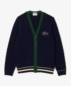 Lacoste Knitwear-Unisex V-Neck Cable Knit Organic Cotton Cardigan