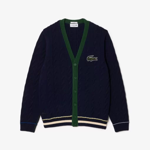 Lacoste Knitwear-Unisex V-Neck Cable Knit Organic Cotton Cardigan