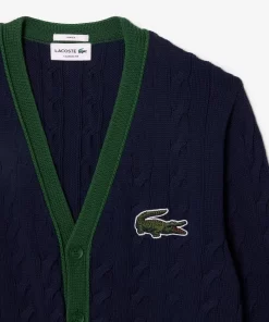 Lacoste Knitwear-Unisex V-Neck Cable Knit Organic Cotton Cardigan