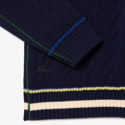 Lacoste Knitwear-Unisex V-Neck Cable Knit Organic Cotton Cardigan