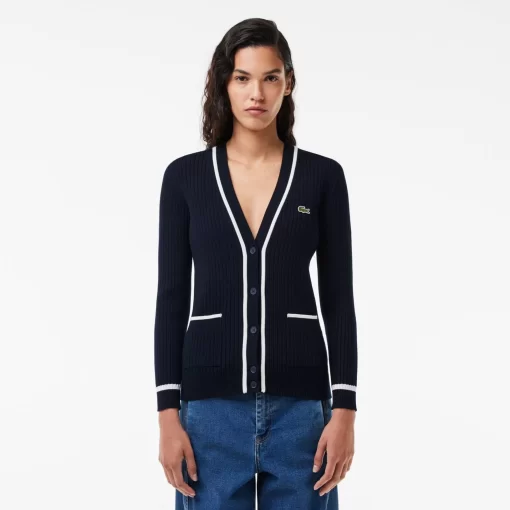 Lacoste Knitwear-V Neck 3D Rib Knit Cardigan