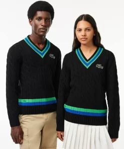 Lacoste Knitwear-V Neck Cable Knit Stripe Detail Sweater