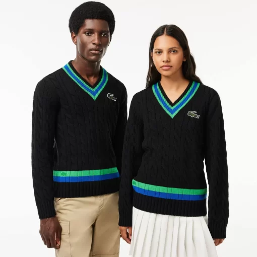 Lacoste Knitwear-V Neck Cable Knit Stripe Detail Sweater