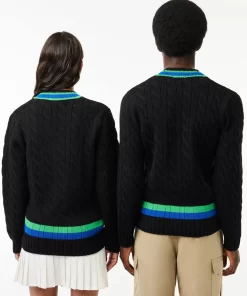 Lacoste Knitwear-V Neck Cable Knit Stripe Detail Sweater