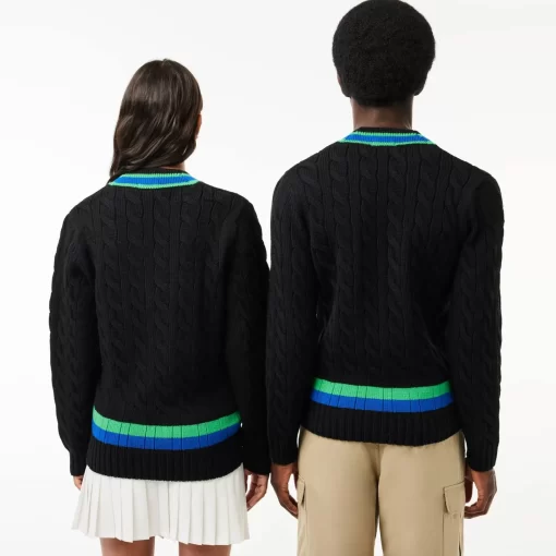 Lacoste Knitwear-V Neck Cable Knit Stripe Detail Sweater