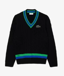 Lacoste Knitwear-V Neck Cable Knit Stripe Detail Sweater