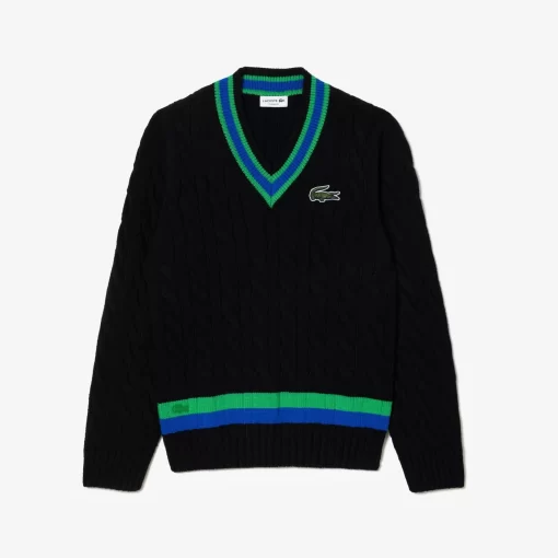 Lacoste Knitwear-V Neck Cable Knit Stripe Detail Sweater