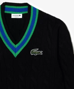 Lacoste Knitwear-V Neck Cable Knit Stripe Detail Sweater