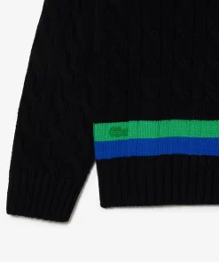 Lacoste Knitwear-V Neck Cable Knit Stripe Detail Sweater