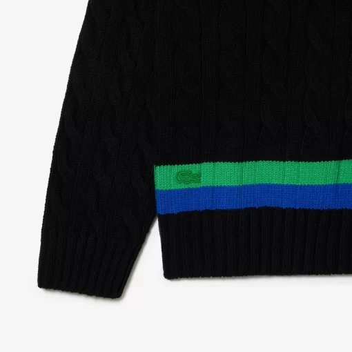 Lacoste Knitwear-V Neck Cable Knit Stripe Detail Sweater