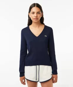 Lacoste Knitwear-V Neck Sweater In Double Sided Cotton