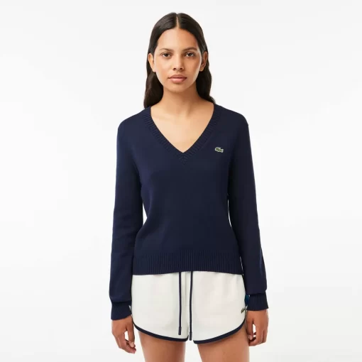 Lacoste Knitwear-V Neck Sweater In Double Sided Cotton