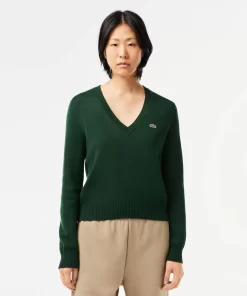 Lacoste Knitwear-V Neck Sweater In Double Sided Cotton