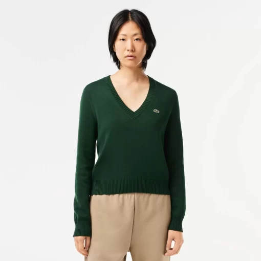 Lacoste Knitwear-V Neck Sweater In Double Sided Cotton