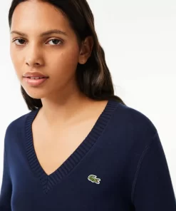 Lacoste Knitwear-V Neck Sweater In Double Sided Cotton