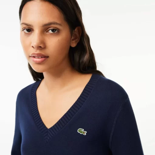 Lacoste Knitwear-V Neck Sweater In Double Sided Cotton