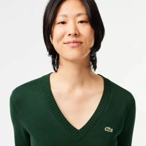 Lacoste Knitwear-V Neck Sweater In Double Sided Cotton