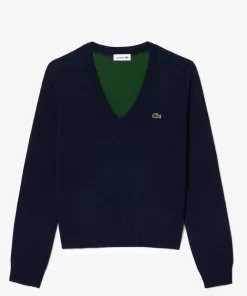 Lacoste Knitwear-V Neck Sweater In Double Sided Cotton