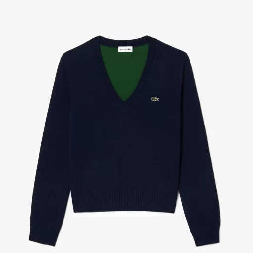 Lacoste Knitwear-V Neck Sweater In Double Sided Cotton