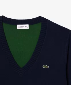 Lacoste Knitwear-V Neck Sweater In Double Sided Cotton