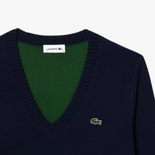 Lacoste Knitwear-V Neck Sweater In Double Sided Cotton