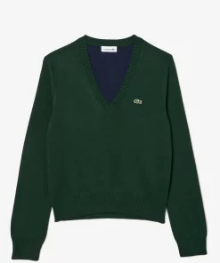 Lacoste Knitwear-V Neck Sweater In Double Sided Cotton