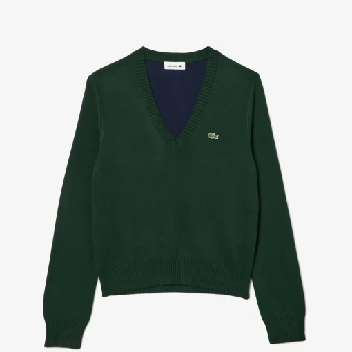 Lacoste Knitwear-V Neck Sweater In Double Sided Cotton