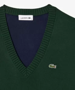 Lacoste Knitwear-V Neck Sweater In Double Sided Cotton