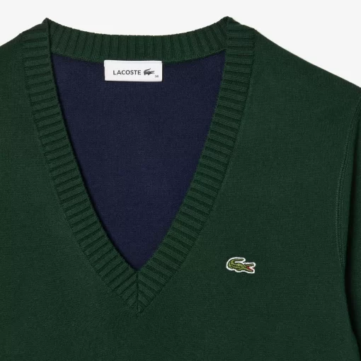 Lacoste Knitwear-V Neck Sweater In Double Sided Cotton