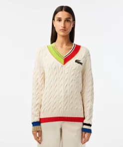 Lacoste Knitwear-Women'S Cable Knit Colour Twist V-Neck Sweater