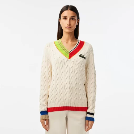 Lacoste Knitwear-Women'S Cable Knit Colour Twist V-Neck Sweater