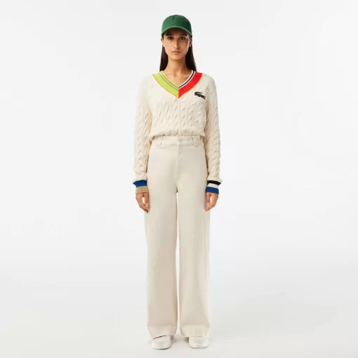 Lacoste Knitwear-Women'S Cable Knit Colour Twist V-Neck Sweater