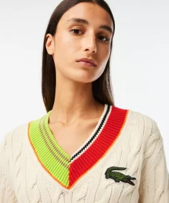 Lacoste Knitwear-Women'S Cable Knit Colour Twist V-Neck Sweater