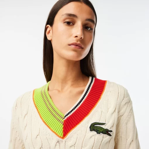 Lacoste Knitwear-Women'S Cable Knit Colour Twist V-Neck Sweater