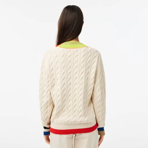 Lacoste Knitwear-Women'S Cable Knit Colour Twist V-Neck Sweater