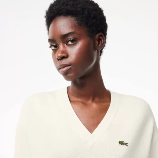 Lacoste Knitwear-Women'S V-Neck Organic Cotton Sweater