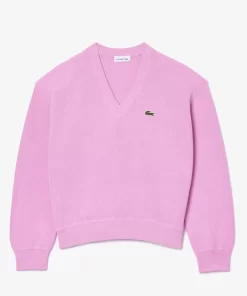 Lacoste Knitwear-Women'S V-Neck Organic Cotton Sweater