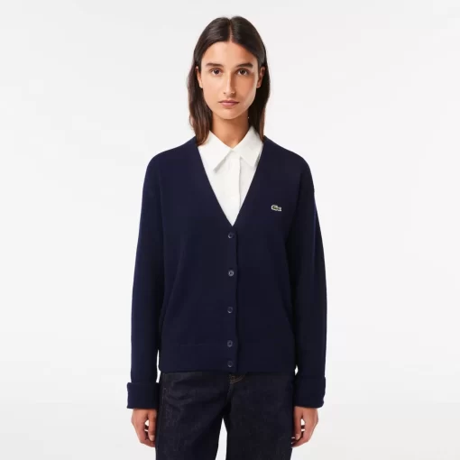 Lacoste Knitwear-Women'S V-Neck Wool Cardigan