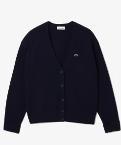 Lacoste Knitwear-Women'S V-Neck Wool Cardigan