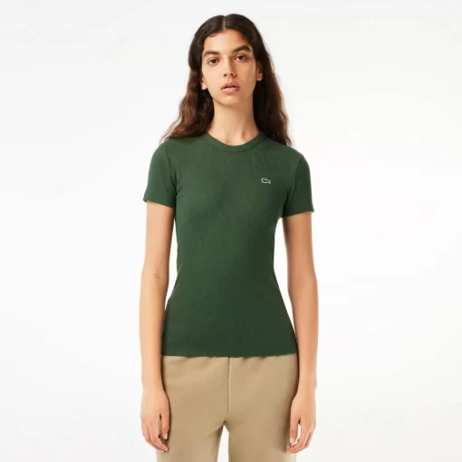 Lacoste T-Shirts-Women'S Slim Fit Ribbed Cotton T-Shirt