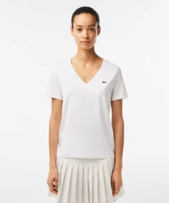 Lacoste T-Shirts-Women'S V-Neck Loose Fit Cotton T-Shirt